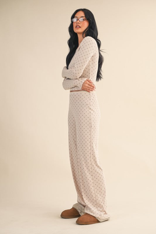 Heart Print Pointelle Lounge Set with Lace Trim