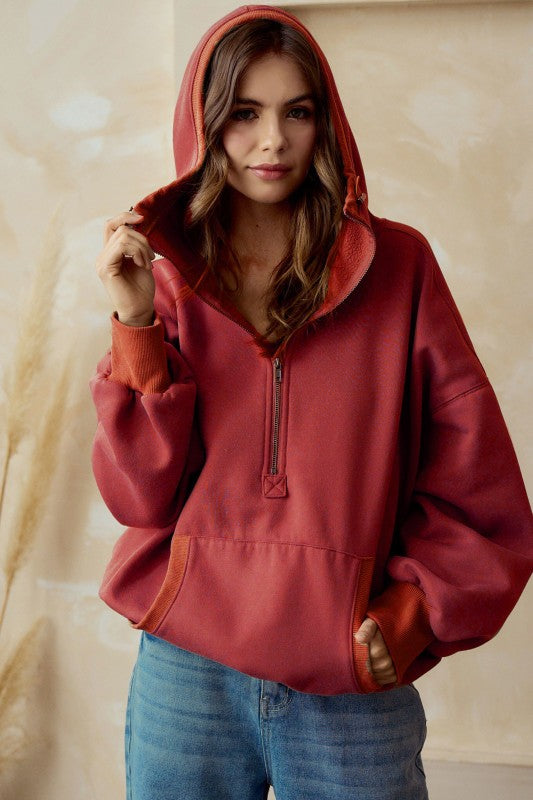 Washed Stitch Elastic Hem Half Zip Fleece Hoodie