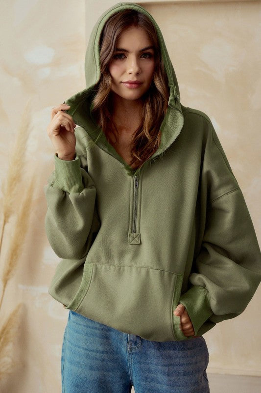 Washed Stitch Elastic Hem Half Zip Fleece Hoodie - Olive