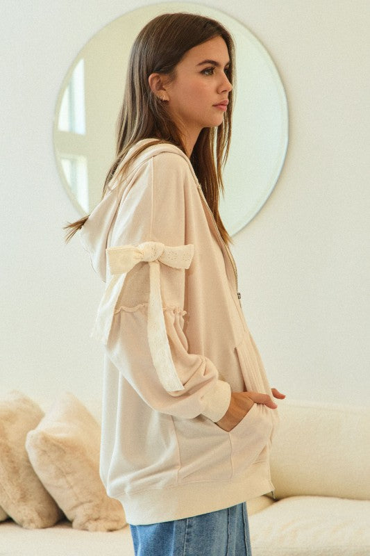Lace Tie Zip Up Hoodie With Pockets - Oatmeal