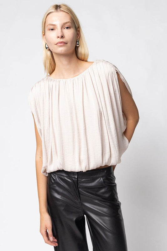 Grecian Drape Bubble Blouse - Taupe