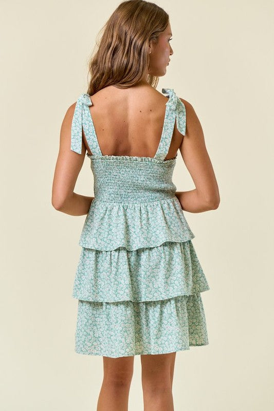 Floral Print Tie Strap Tiered Dress