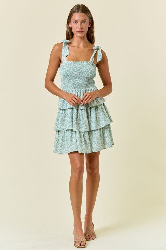 Floral Print Tie Strap Tiered Dress