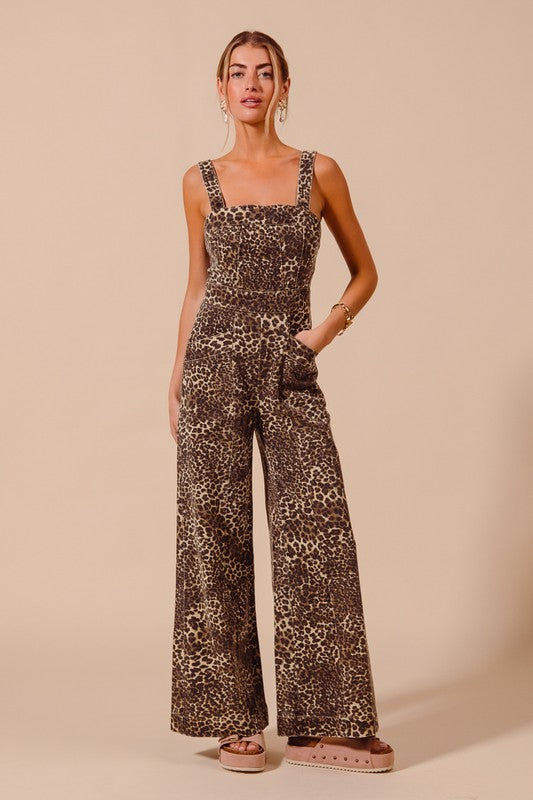 Washed Leopard Denim Wide Leg Jumpsuit