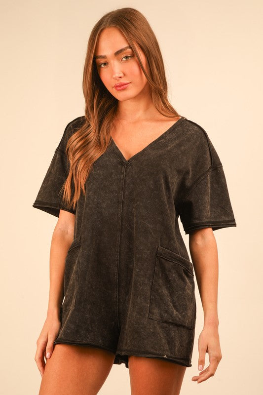 Mineral Washed Oversized Cotton Romper - BLACK