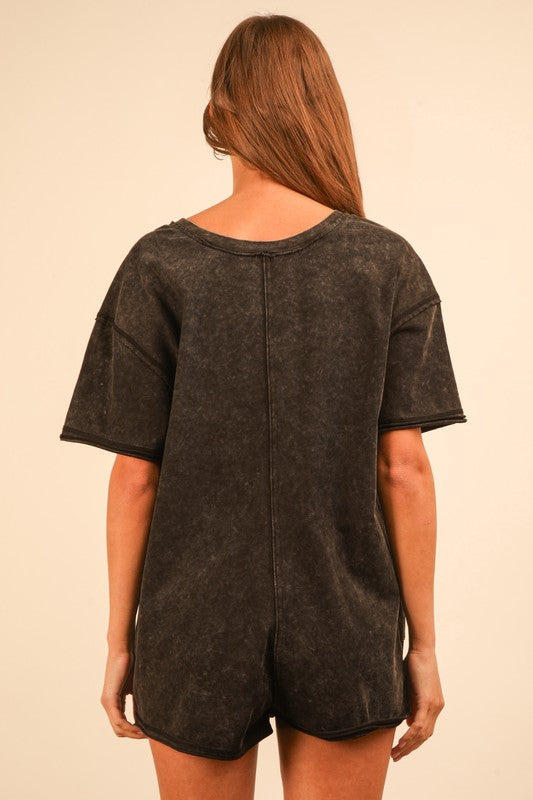 Mineral Washed Oversized Cotton Romper - BLACK