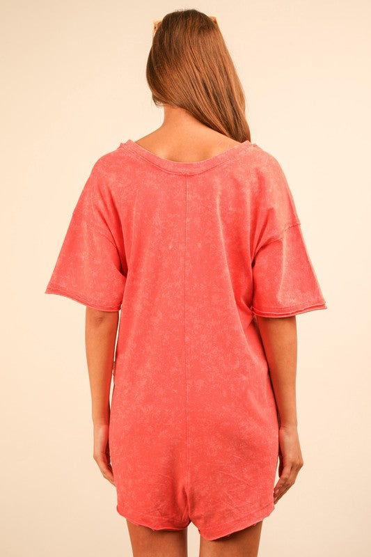 Mineral Washed Oversized Casual Romper - CORAL