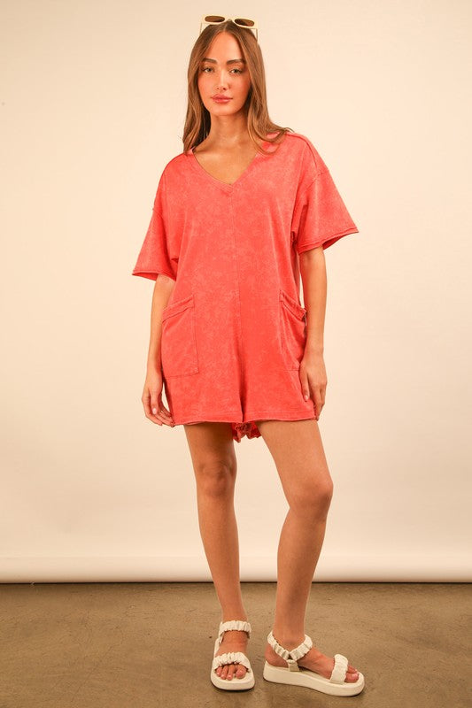 Mineral Washed Oversized Casual Romper - CORAL