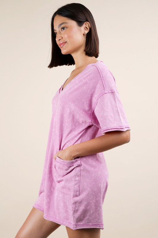 Mineral Washed Oversized Cotton Romper - ORCHID