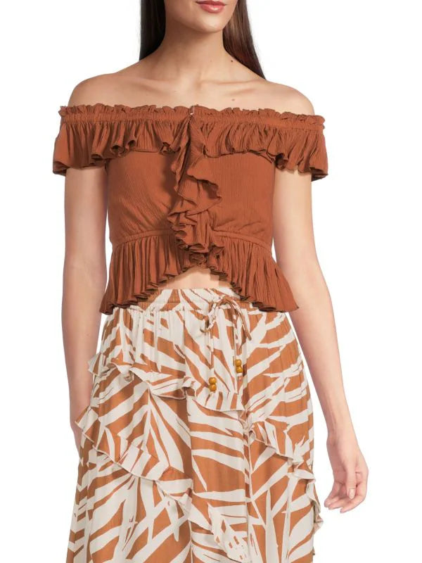 Sedona Sand Ruffle Shoulder Top
