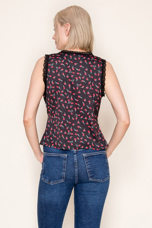 Floral Print Lace Trim Top