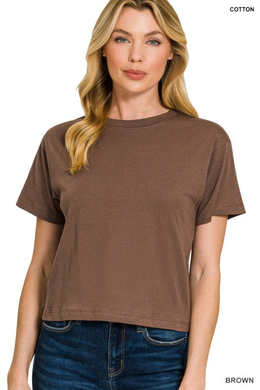 Cotton Crew Neck Short Sleeve T-shirt - Brown