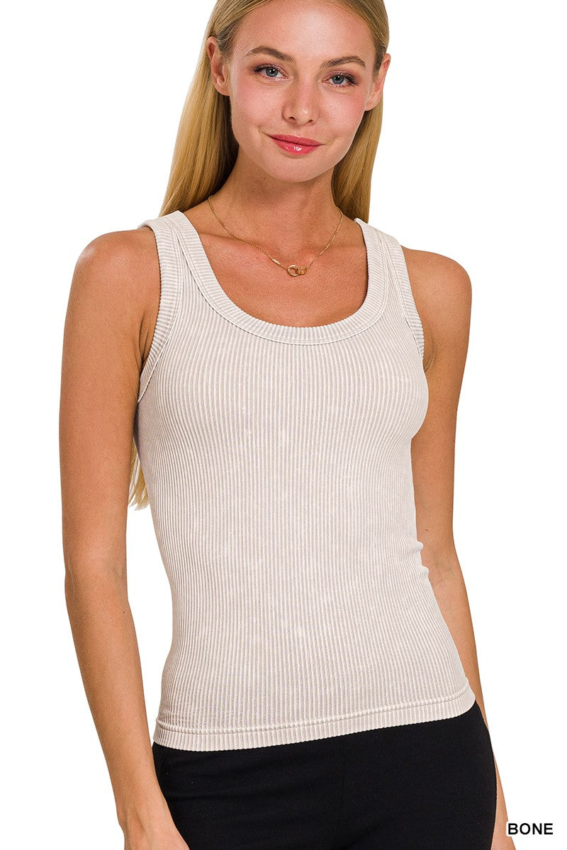 2 Way Neckline Washed Ribbed Seamless Tank Bone