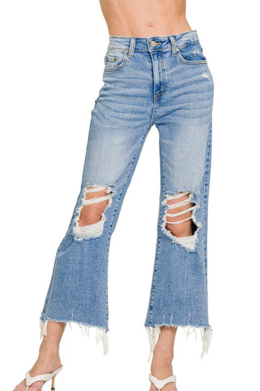 Distressed Knee Raw Frayed Hem Cropped Denim Pants