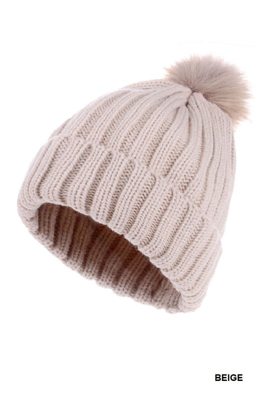 Ribbed Knitted Pom Pom Beanie