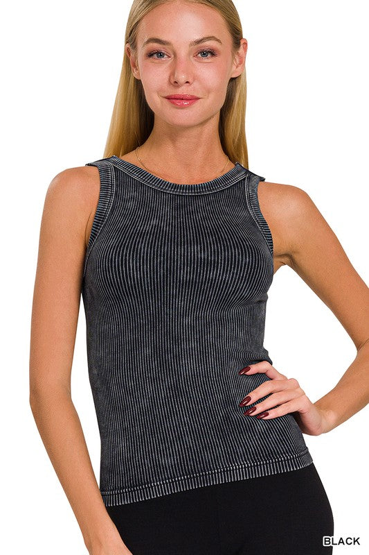 2 Way Neckline Washed Ribbed Seamless Tank Black