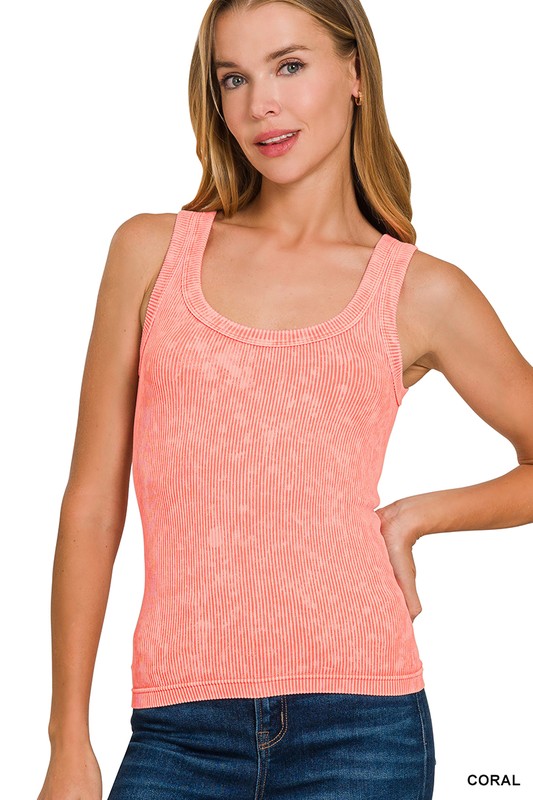 2 Way Neckline Washed Ribbed Seamless Tank Coral