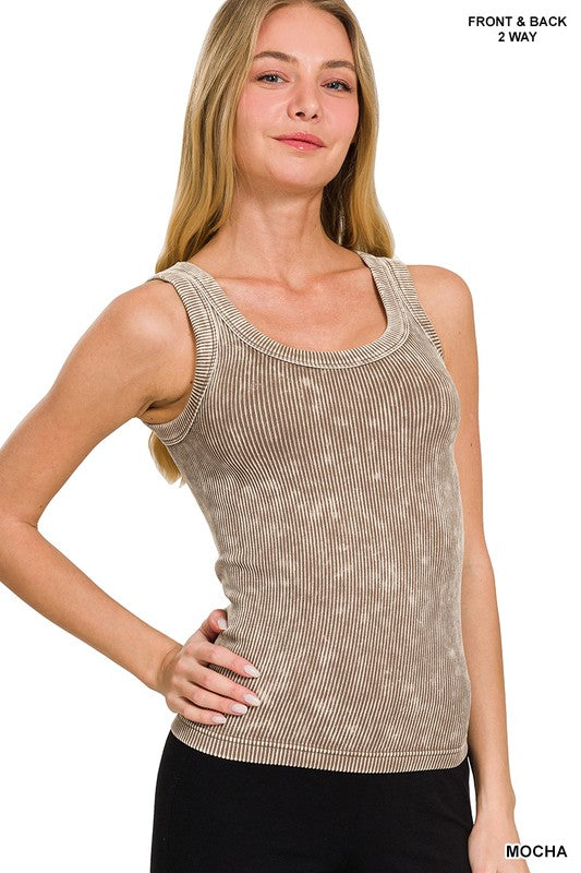 2 Way Neckline Washed Ribbed Seamless Tank Mocha