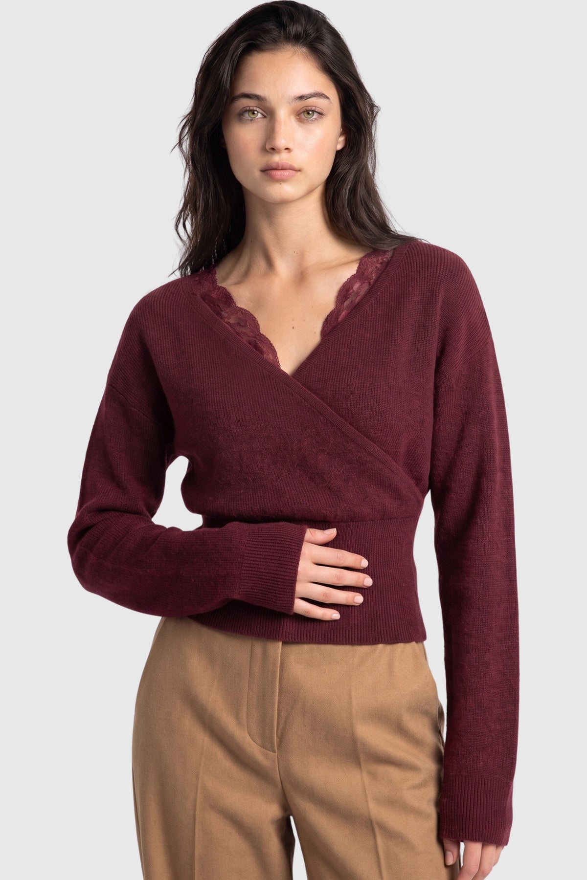 Burgundy Lace Faux Wrap Sweater