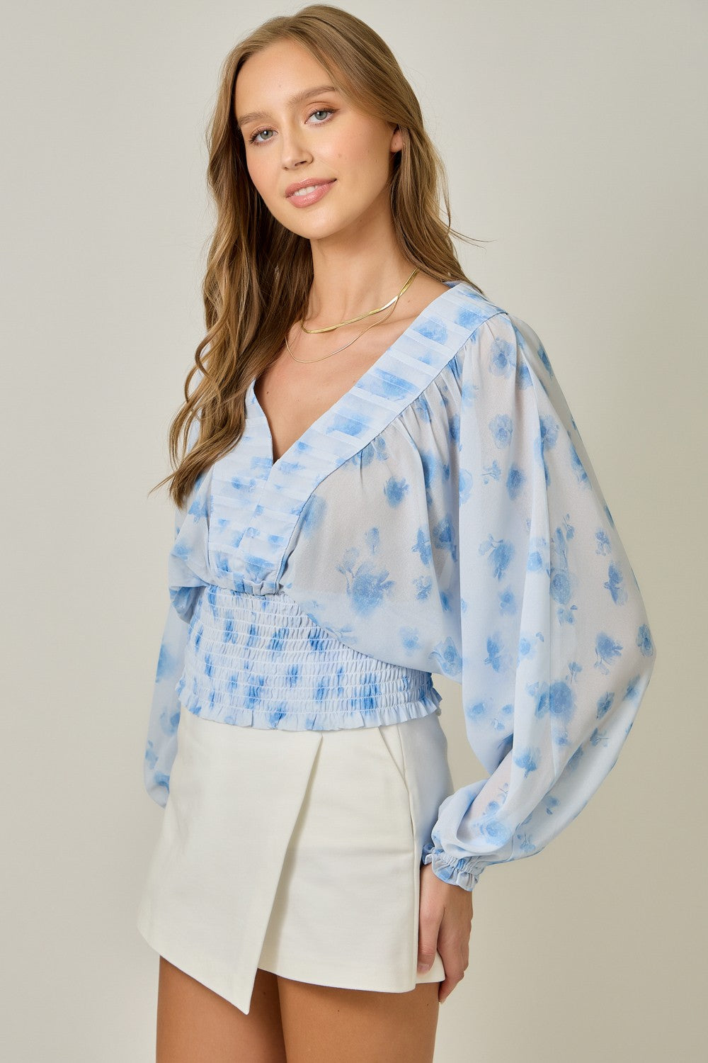 Baby Blue Floral Puff Sleeve Blouse