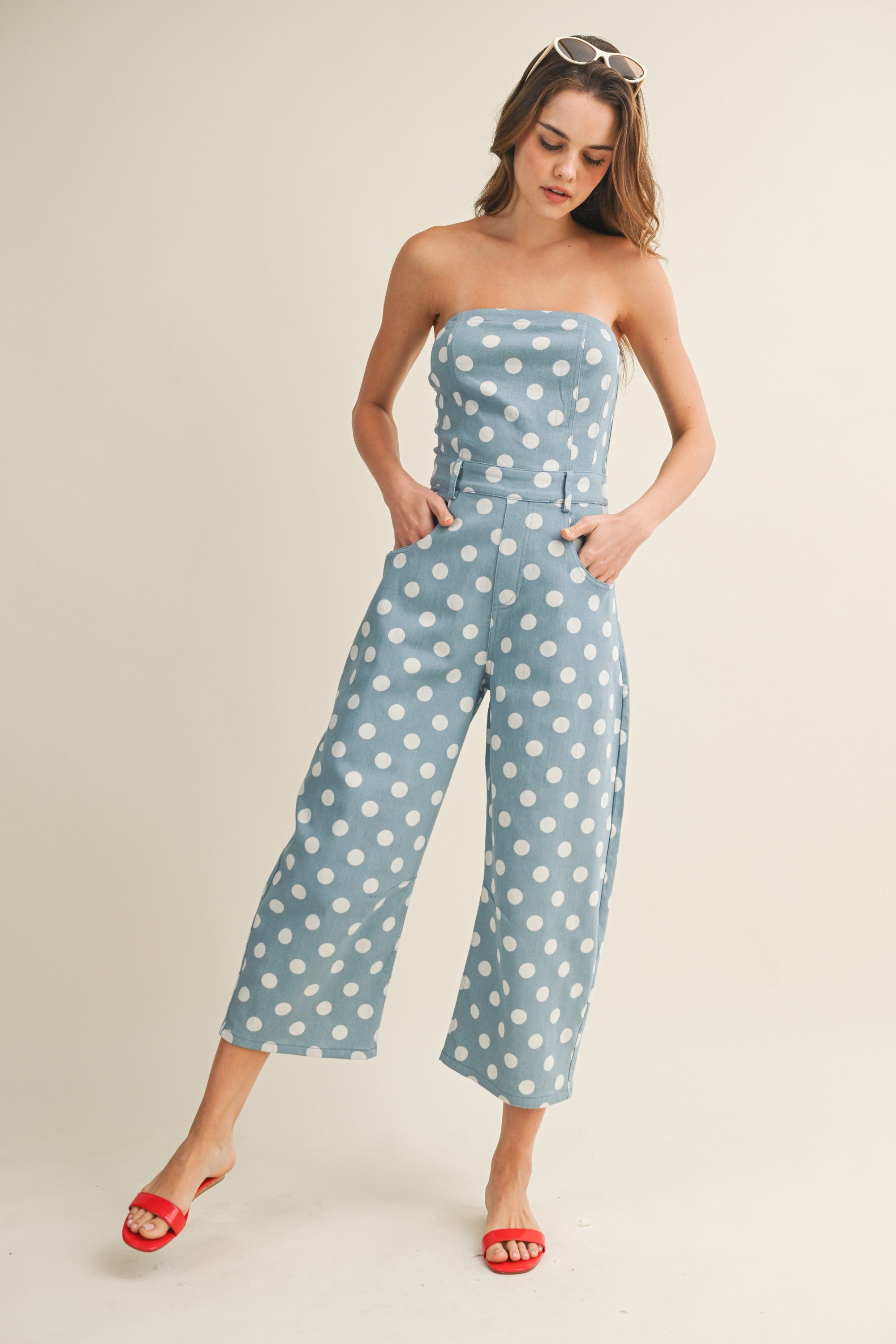 Retro Polka Strapless Jumpsuit With Pockets