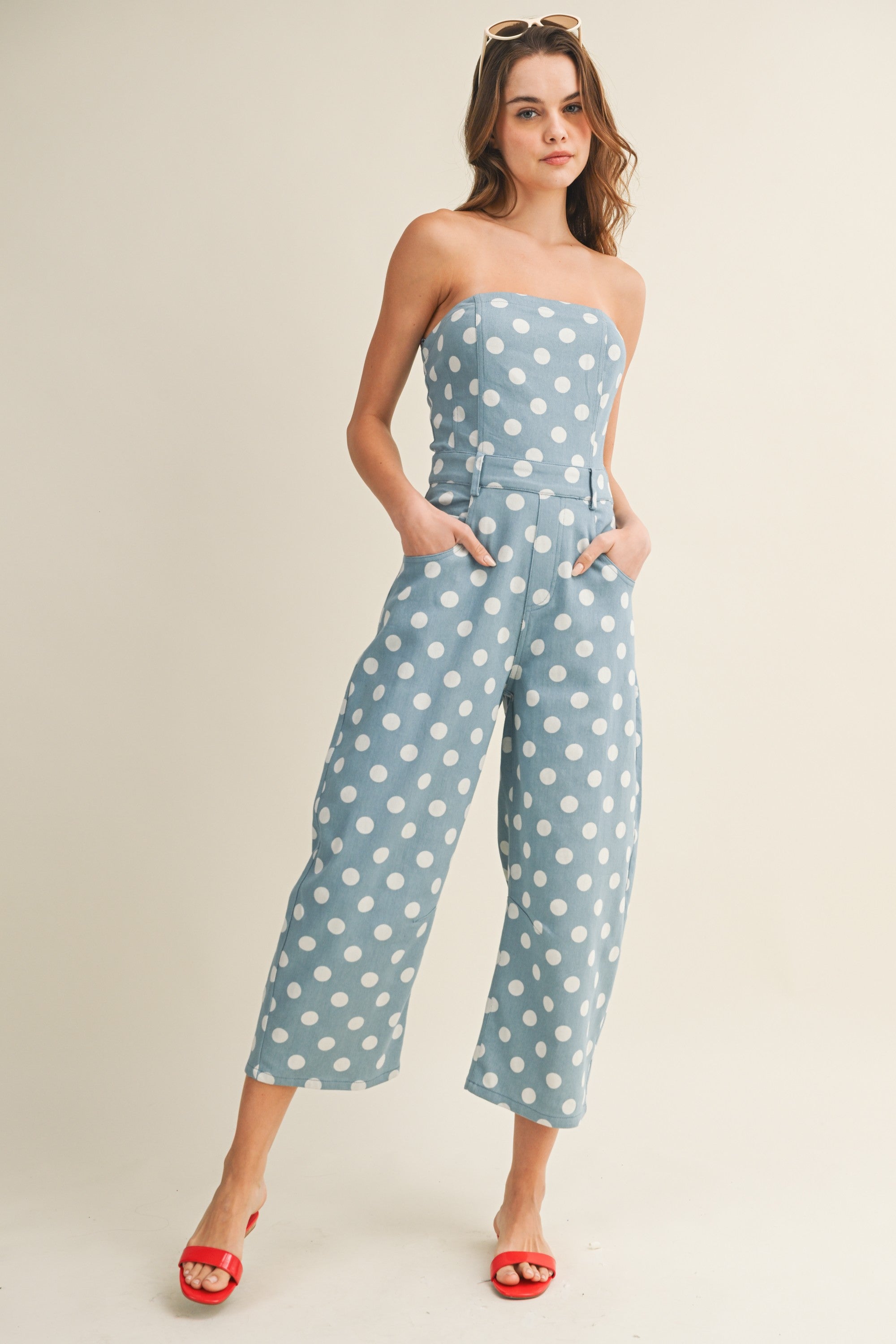 Retro Polka Strapless Jumpsuit With Pockets