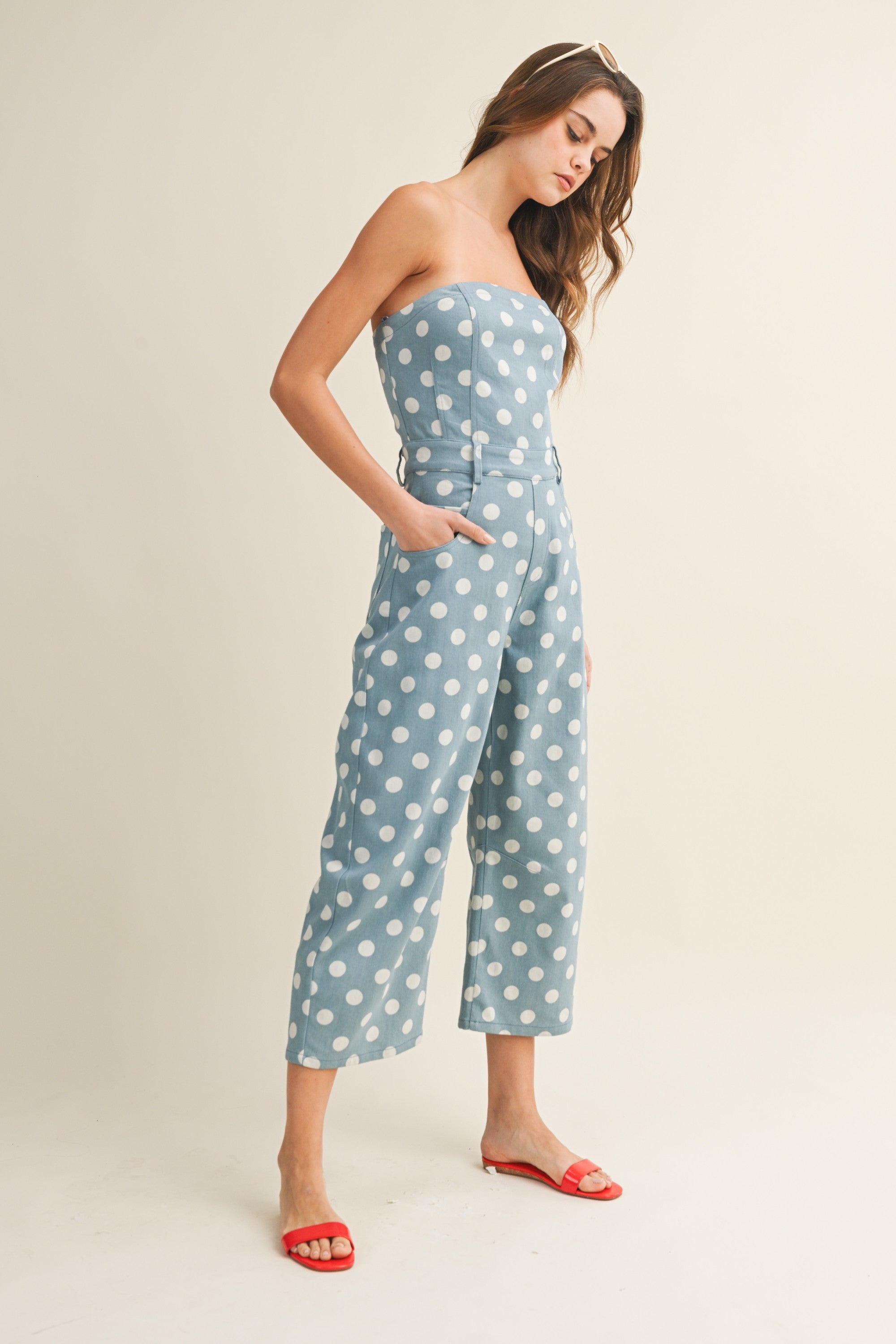 Retro Polka Strapless Jumpsuit With Pockets