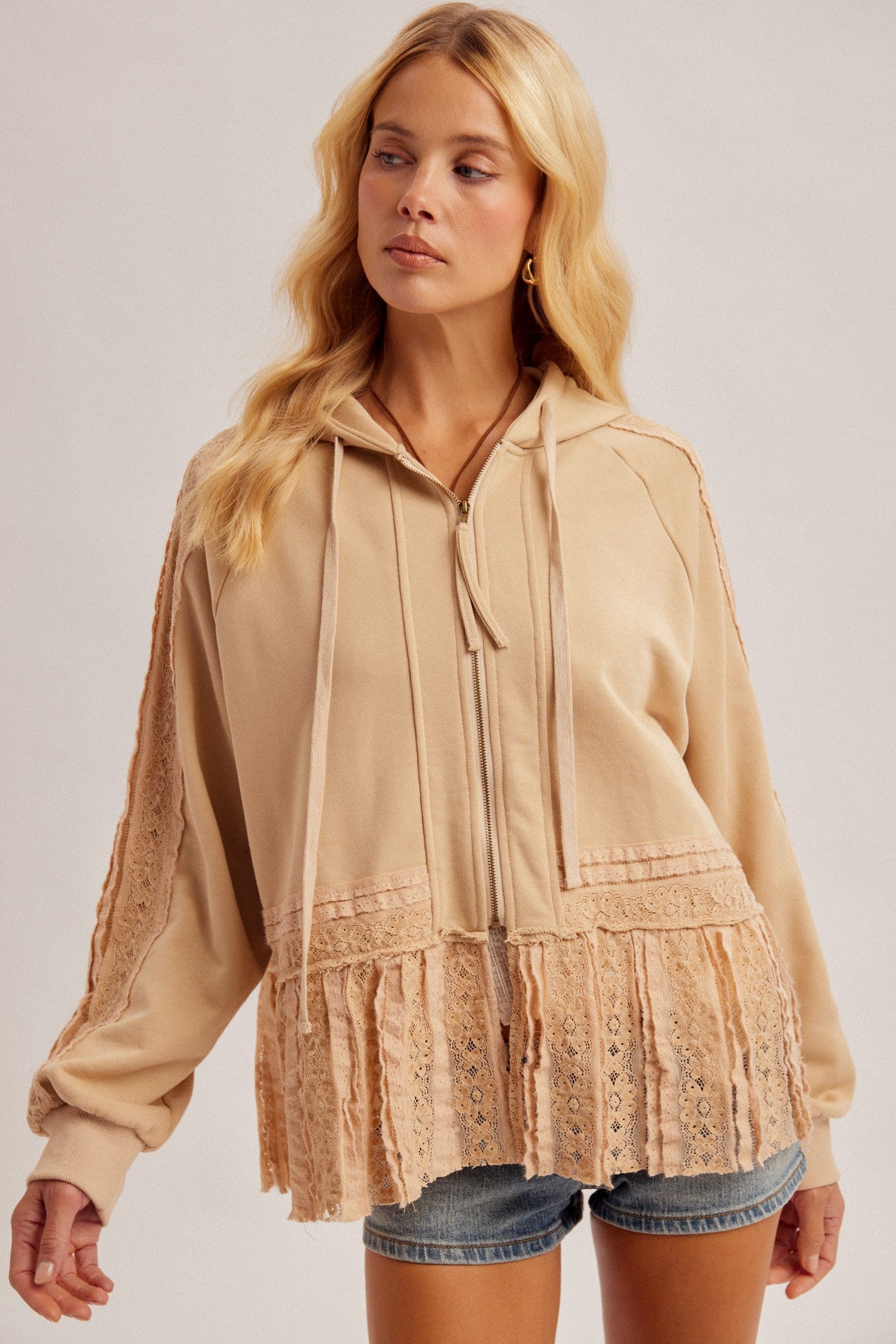 Taupe Lace Ruffle Hoodie