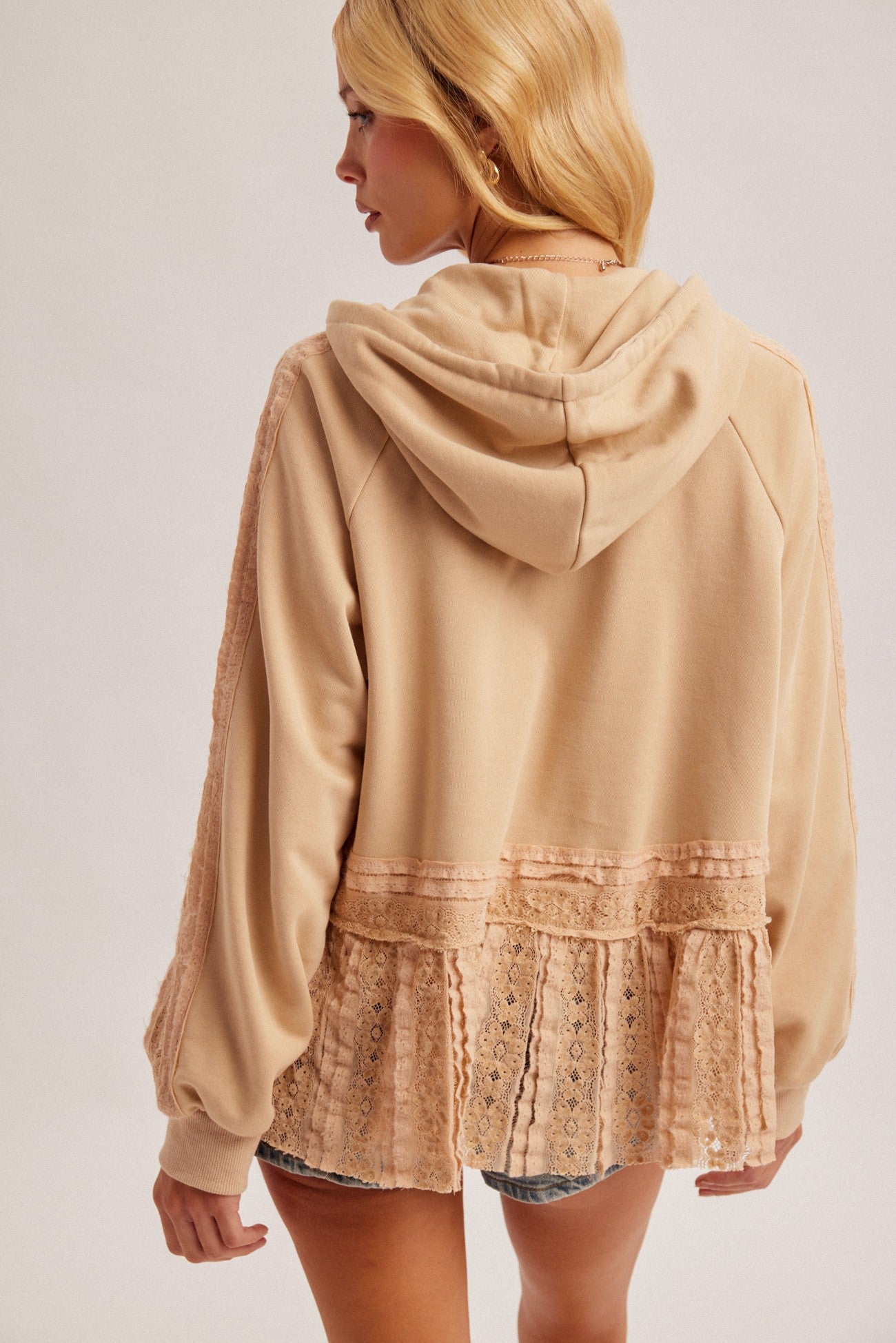 Taupe Lace Ruffle Hoodie