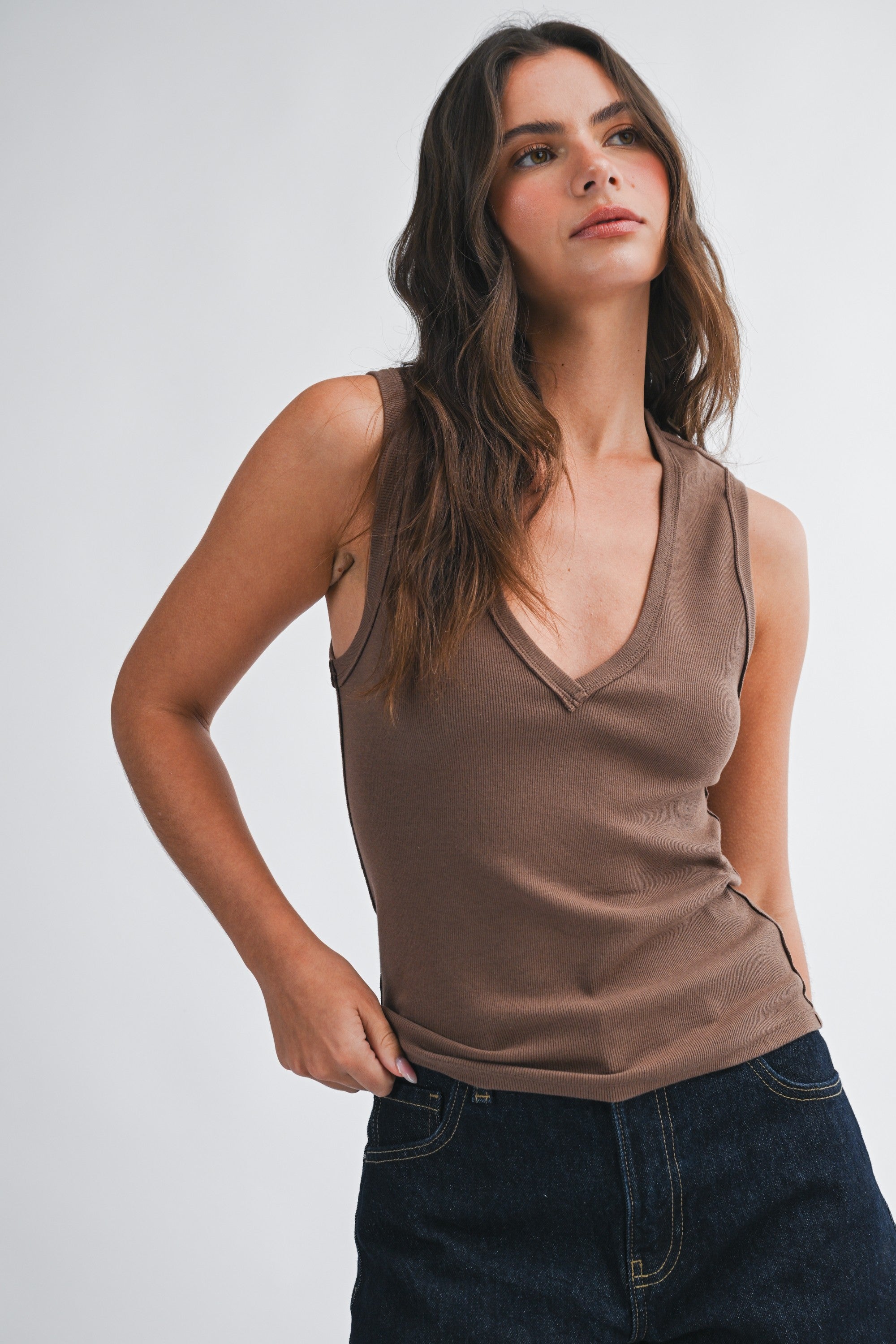 Chocolate Ribbed V-neck Tank Top