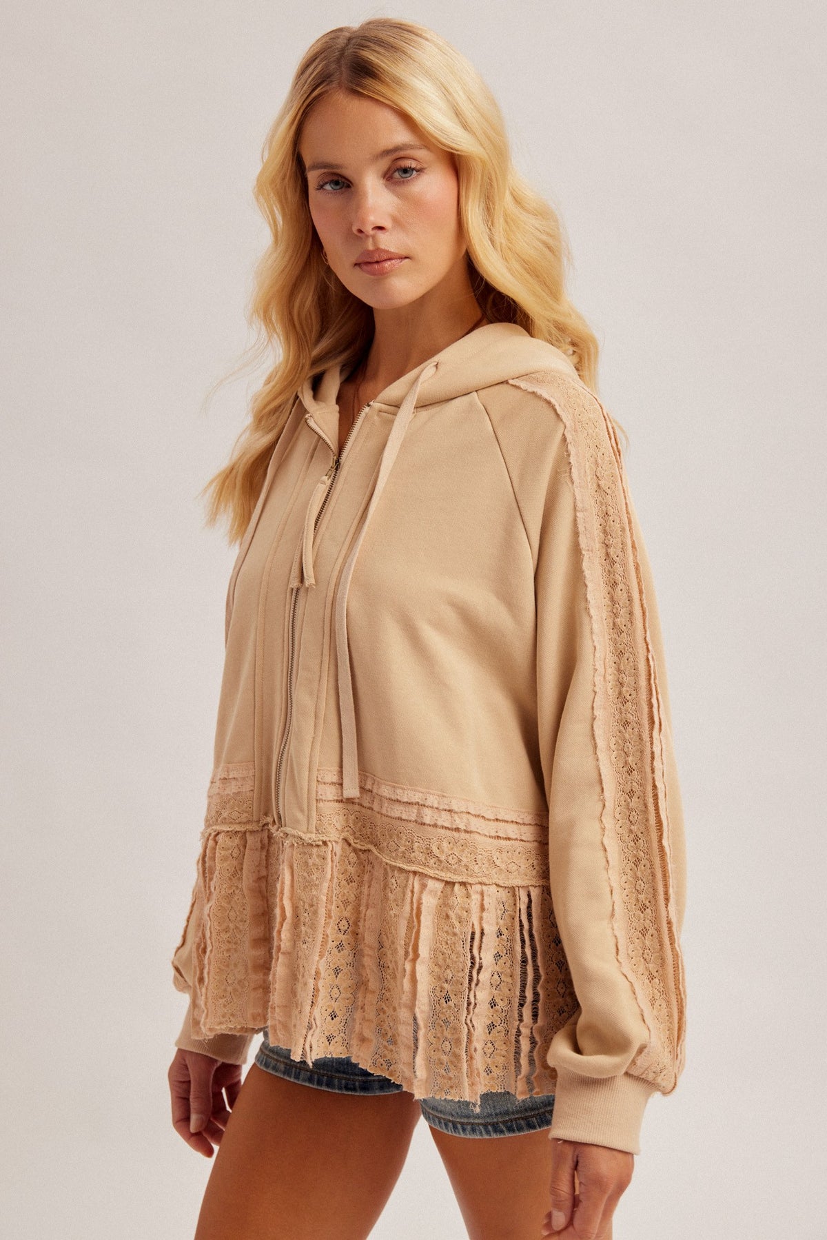 Taupe Lace Ruffle Hoodie
