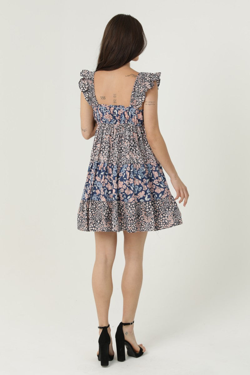 Mix Print Flutter Sleeve Dress