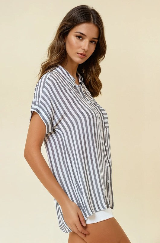Striped Short Sleeve Shirt With Rolled Cuffs