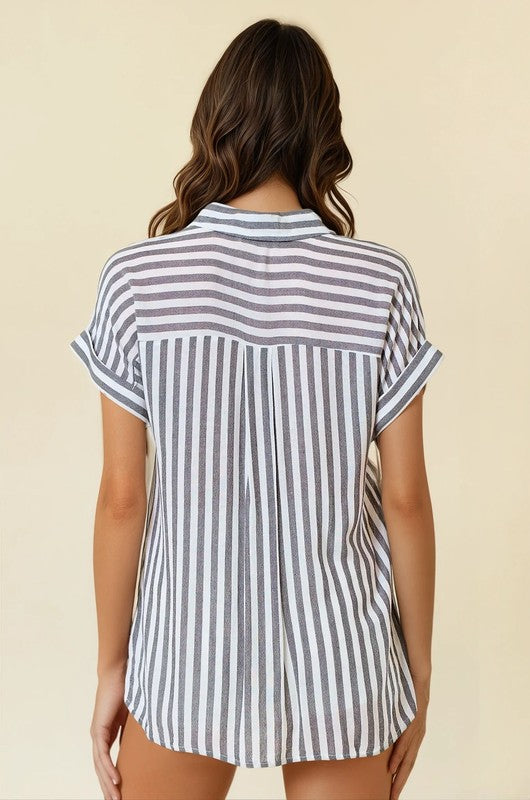 Striped Short Sleeve Shirt With Rolled Cuffs