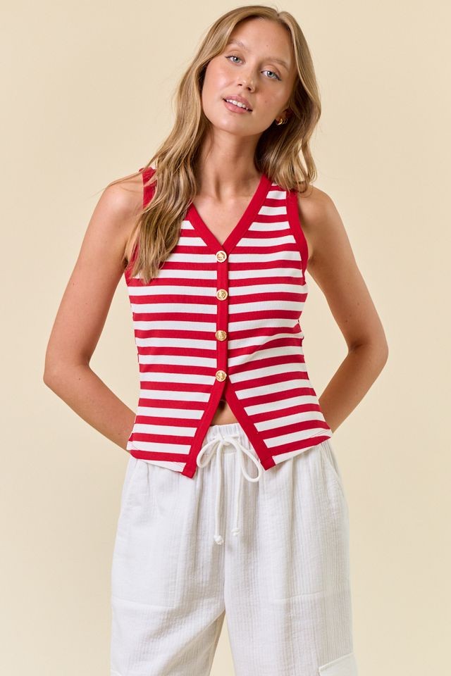Red Stripe Button Front Tank