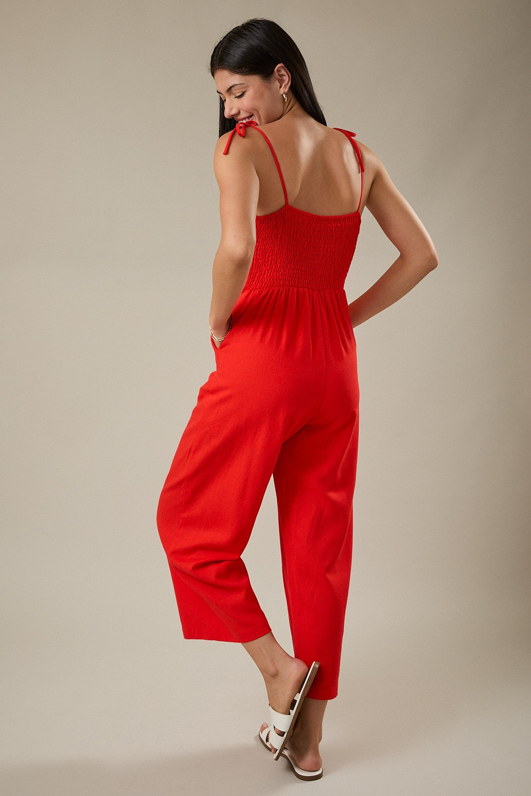 Coral Red Tie Strap Jumpsuit