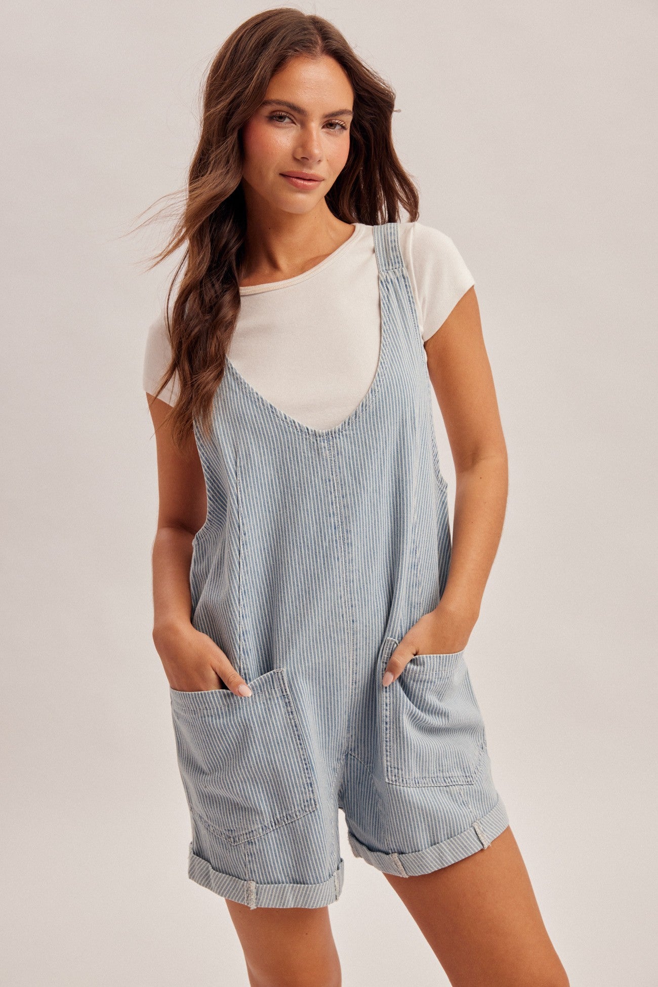 Railroad Stripe Denim Romper