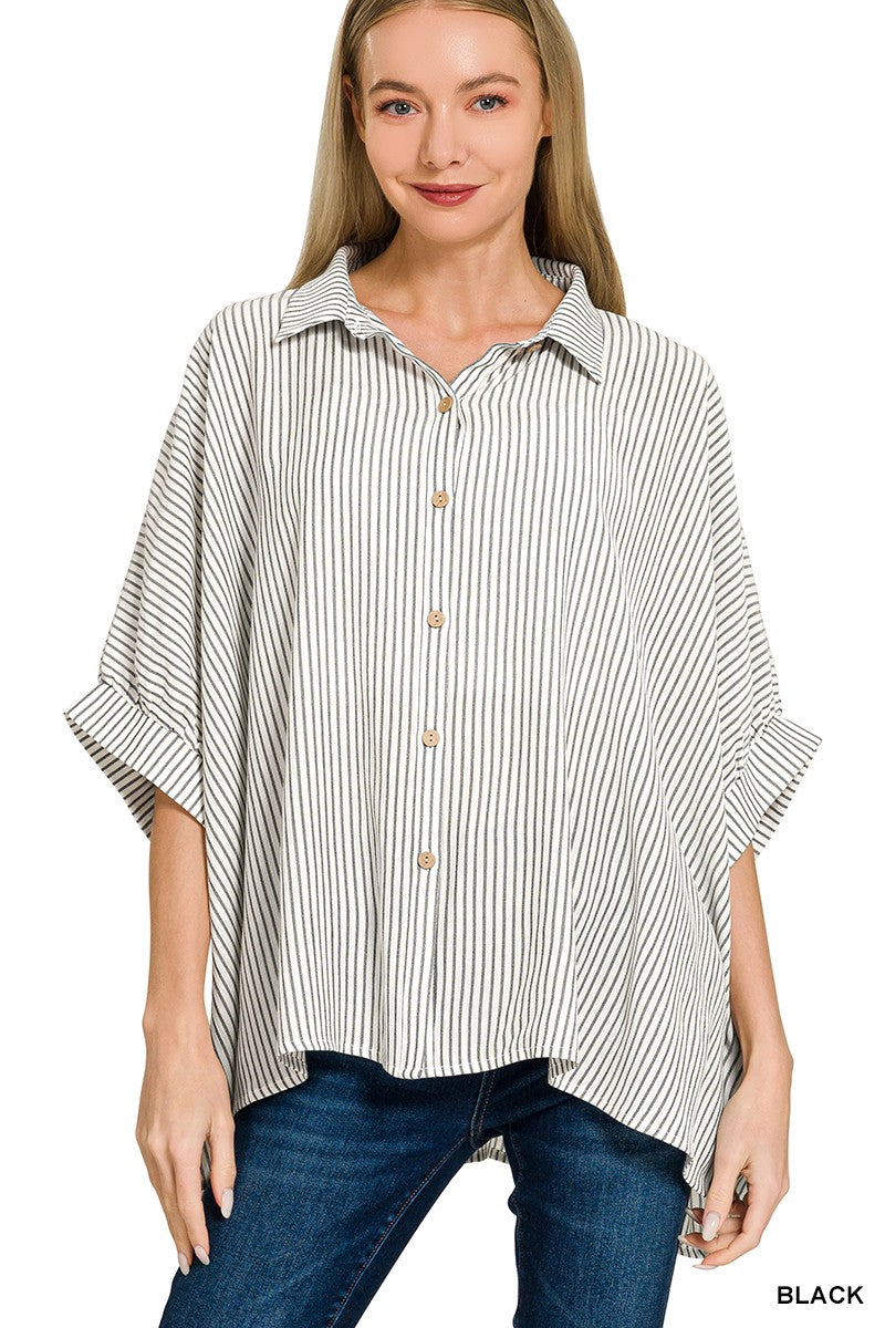Black Striped Boxy Button Down Top