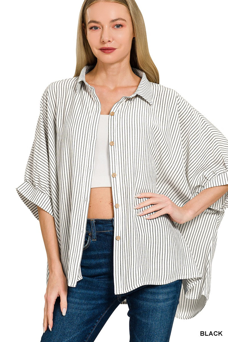 Black Striped Boxy Button Down Top