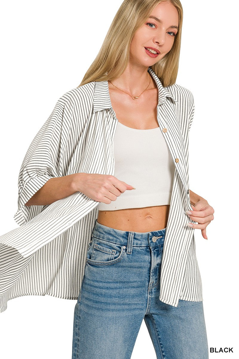 Black Striped Boxy Button Down Top
