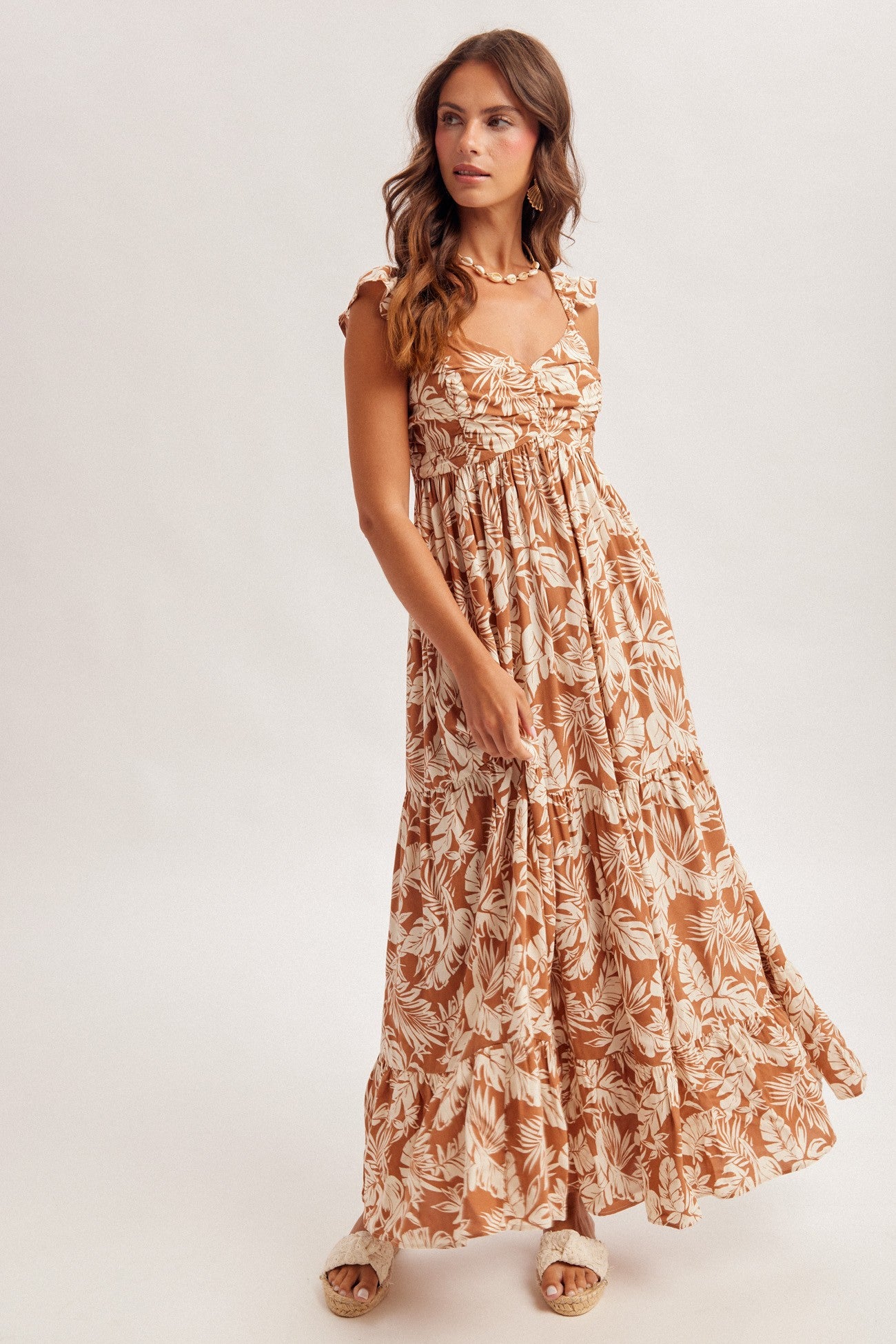 Ruffle Strap Shirred Detail Maxi