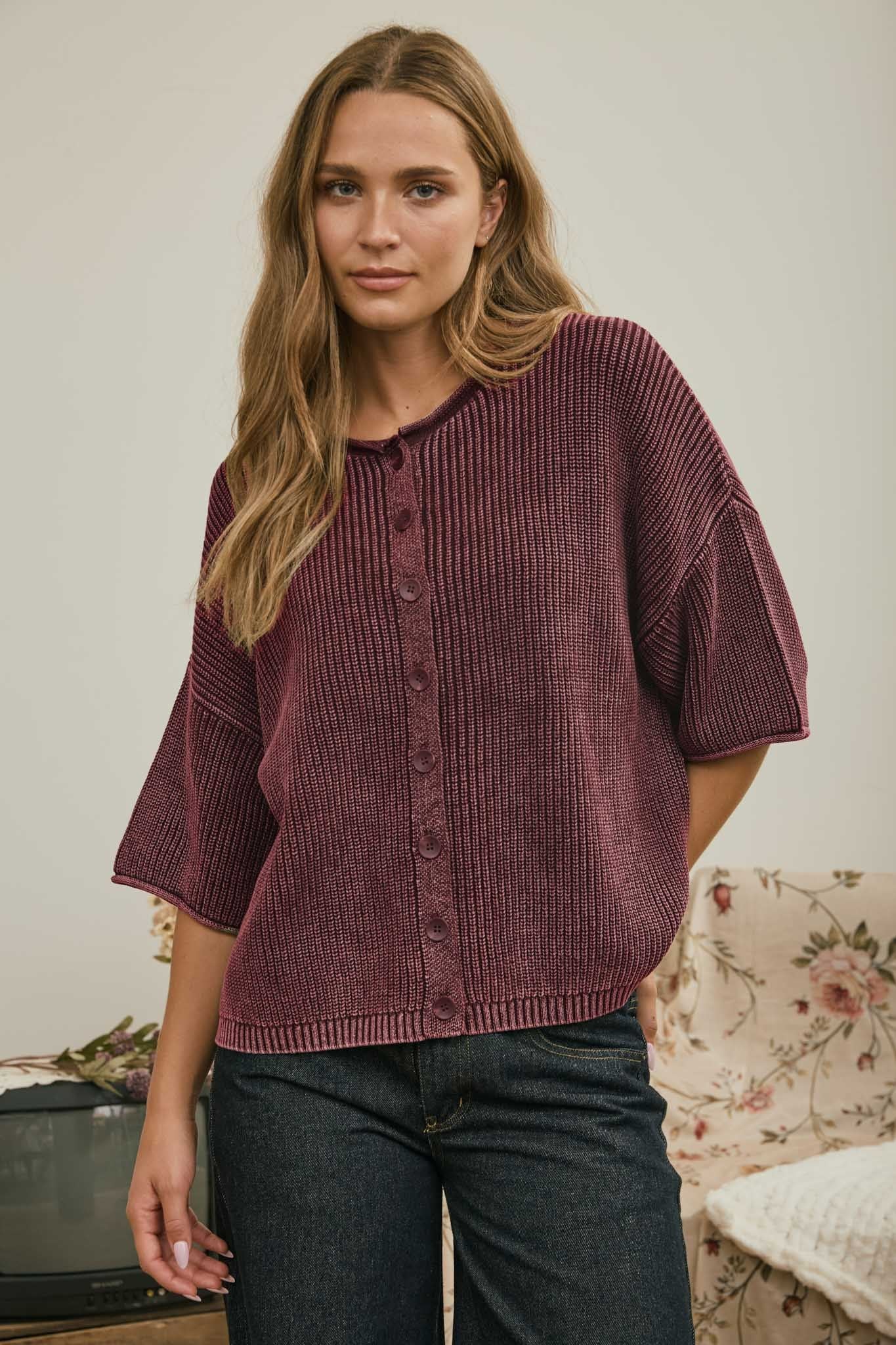 Burgundy Washed Ribbed Sweater