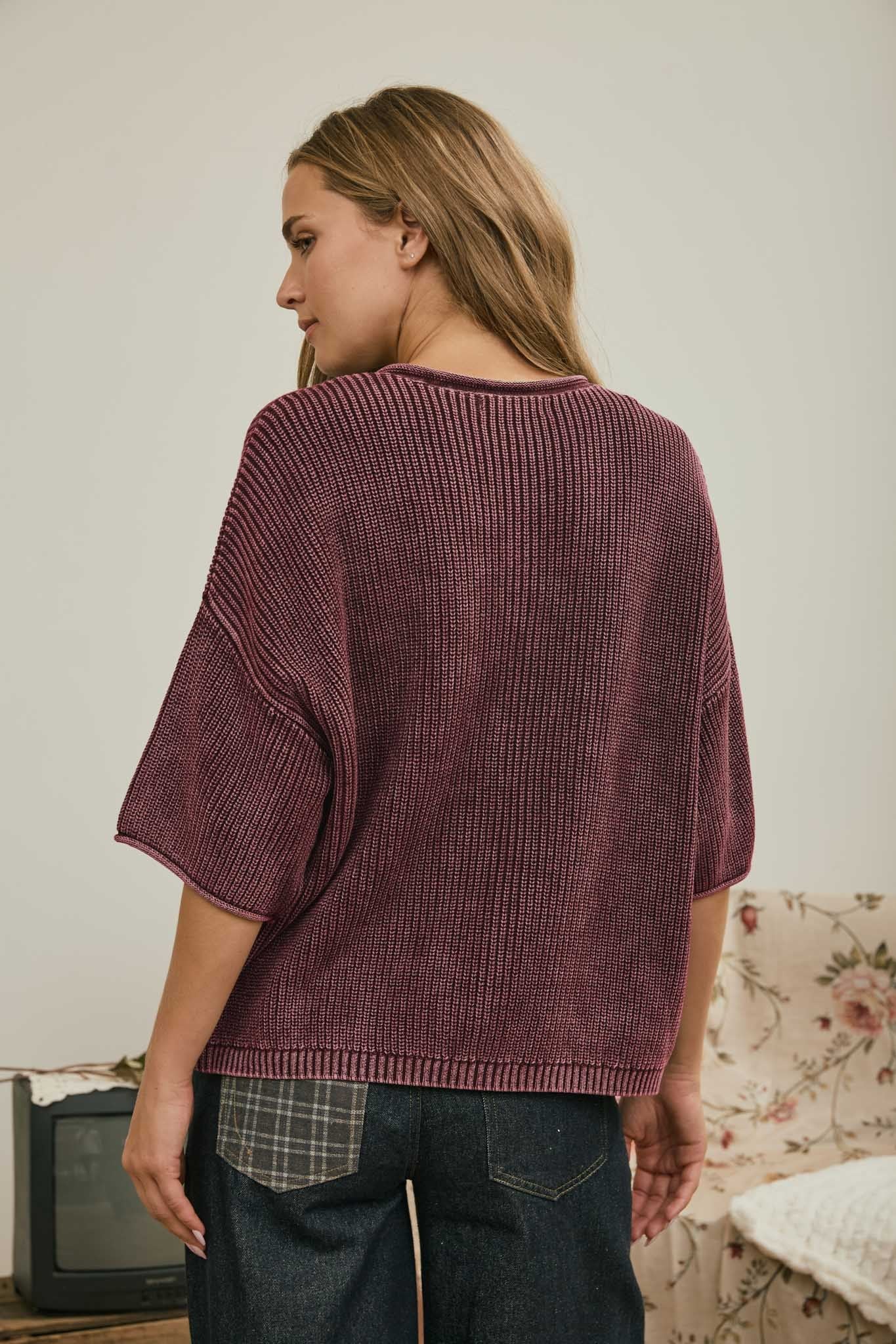 Burgundy Washed Ribbed Sweater