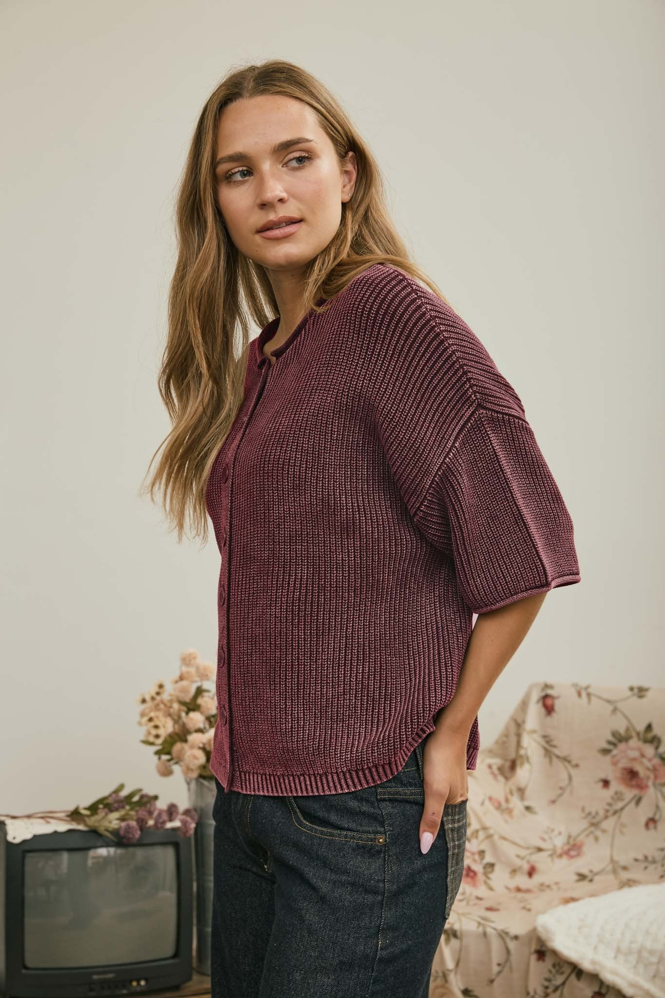Burgundy Washed Ribbed Sweater