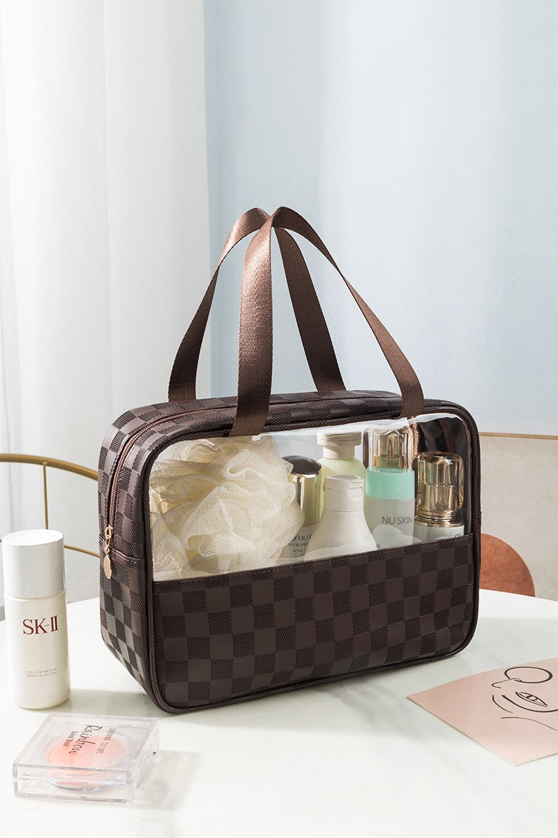 Brown Checkered Cosmetic Bag
