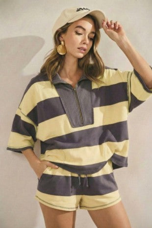 Vintage Striped Zip Short Set