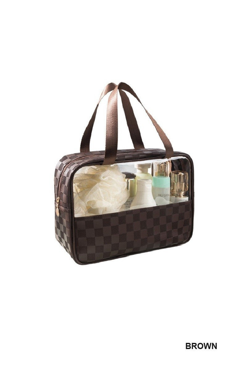 Brown Checkered Cosmetic Bag