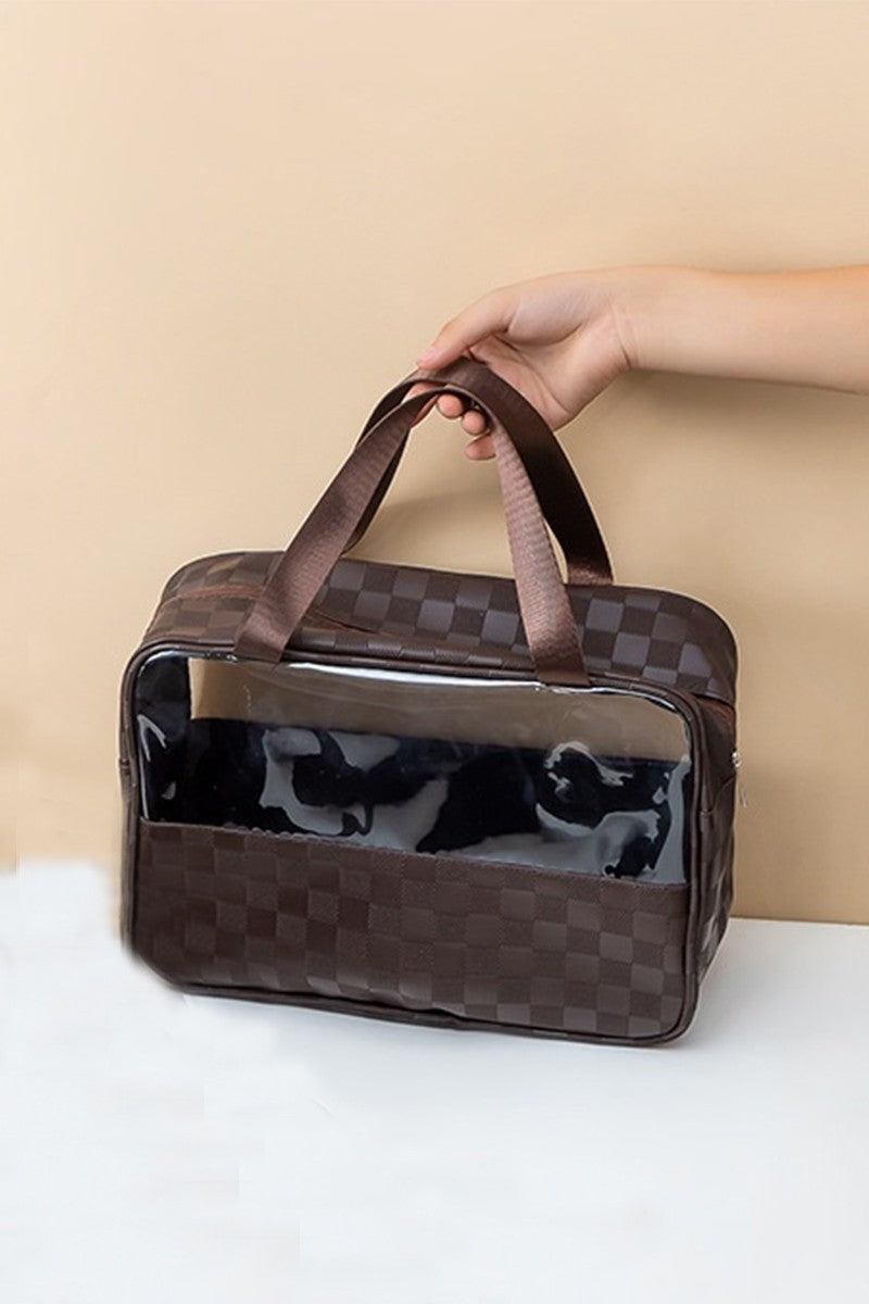 Brown Checkered Cosmetic Bag