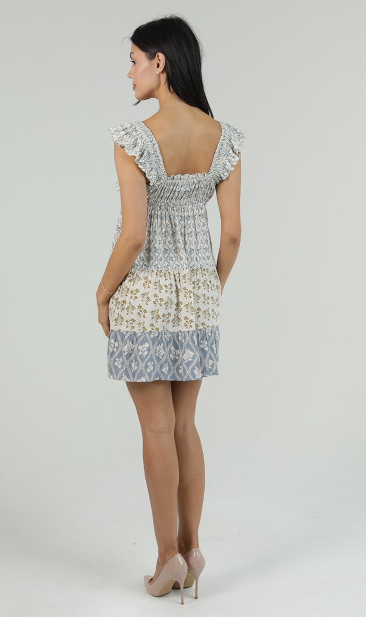 Blue Ruffle Cap Tiered Dress