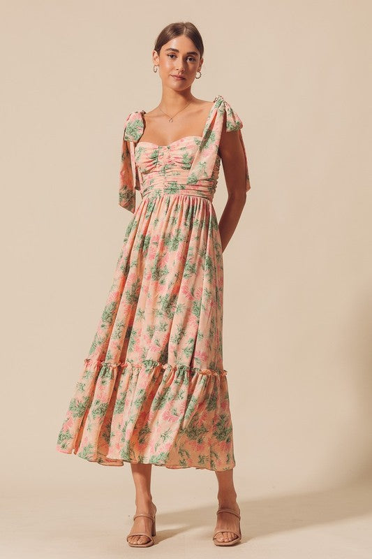 Floral Print Woven Dress with Ribbon Tie Straps